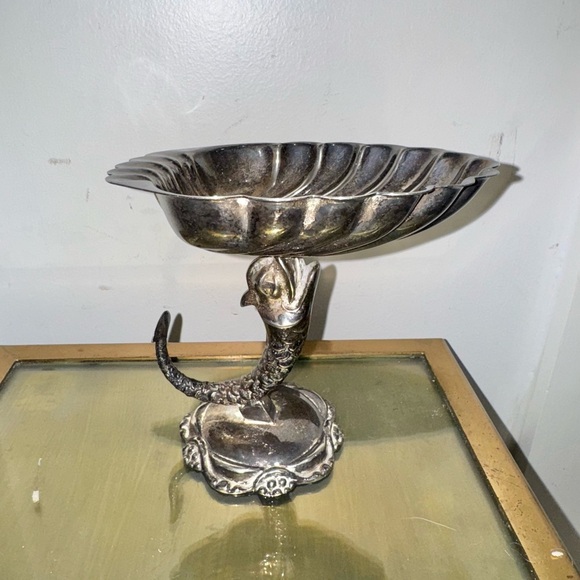 Vintage Silver Plated Metal Compote Koi Dragon Fish Dolphin Pedestal - Picture 2 of 10